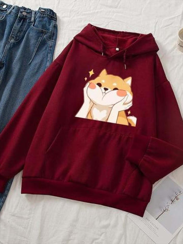 Popster Maroon Printed Fleece Hoody Regular Fit Long Sleeve Womens Sweatshirt